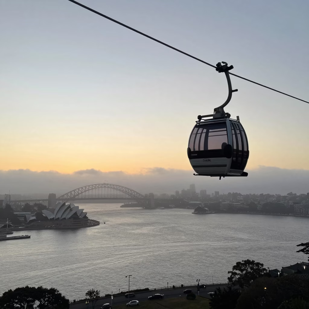 Sydney Harbour Nautical Dawn Fog and Aerial Tramway Gondola in in Sydney, New South Wales, Australia