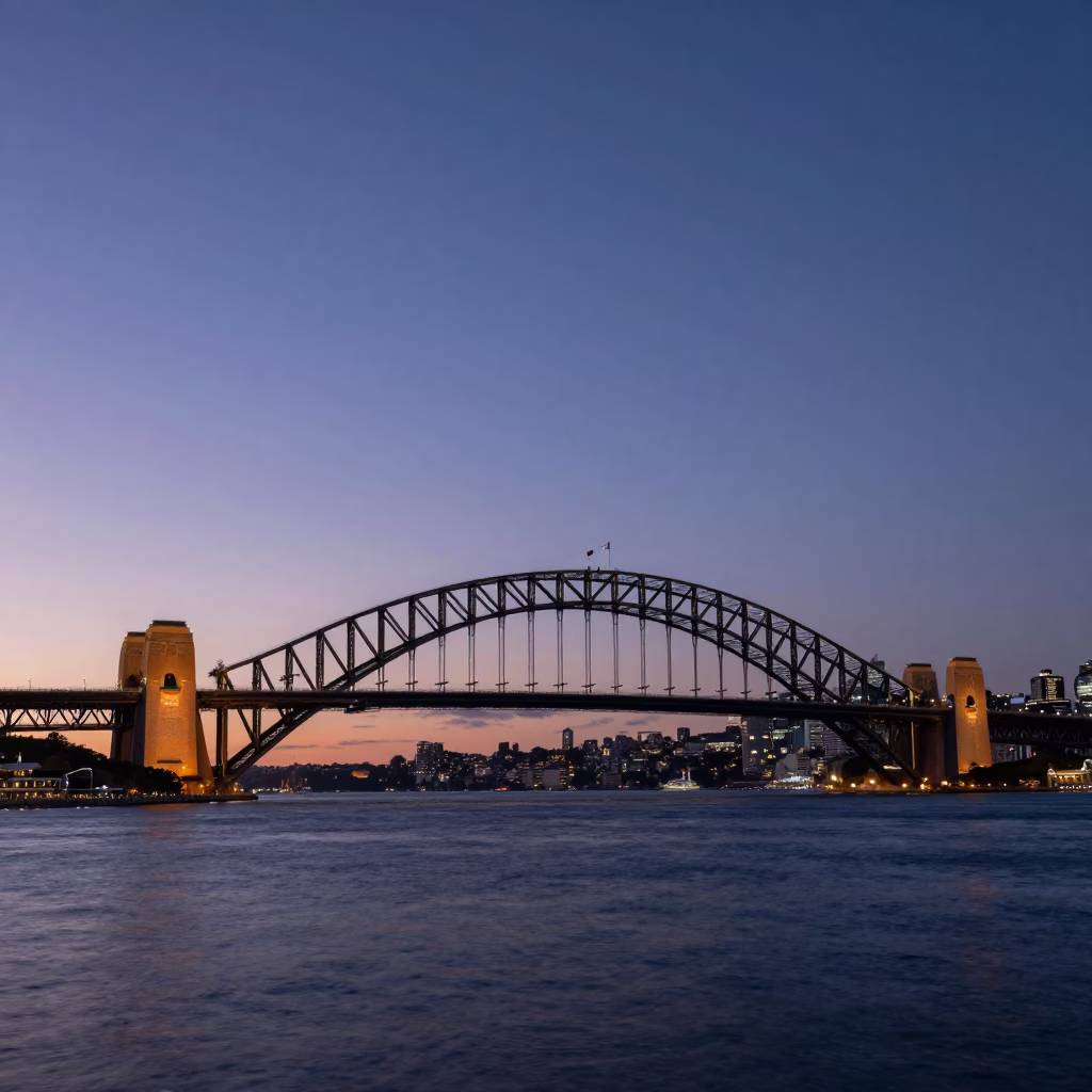 Sydney Harbour Nautical Dawn View of Harbour Bridge and Ferries in in Sydney, New South Wales, Australia