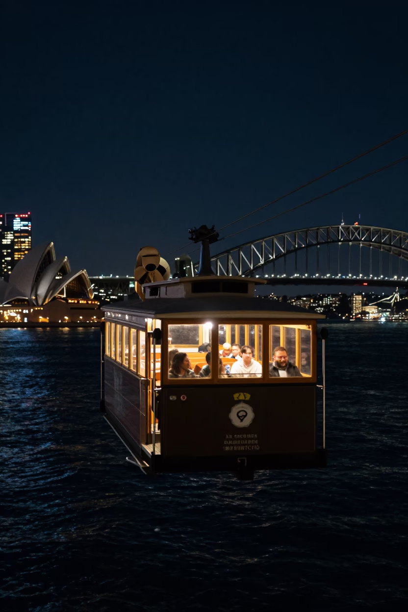Sydney Harbour Night Cable Car Over City Lights and Water in in Sydney, New South Wales, Australia