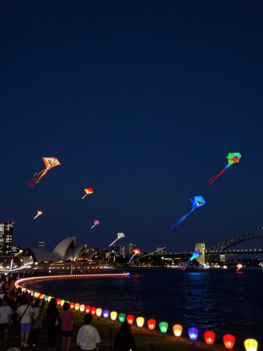 Sydney Harbour Night Kite Festival with Colorful Lanterns and Crowds in in Sydney, New South Wales, Australia