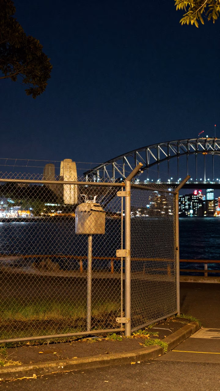 Sydney Harbour Night Scene with Substation Fence and Urban Light Reflections in in Sydney, New South Wales, Australia