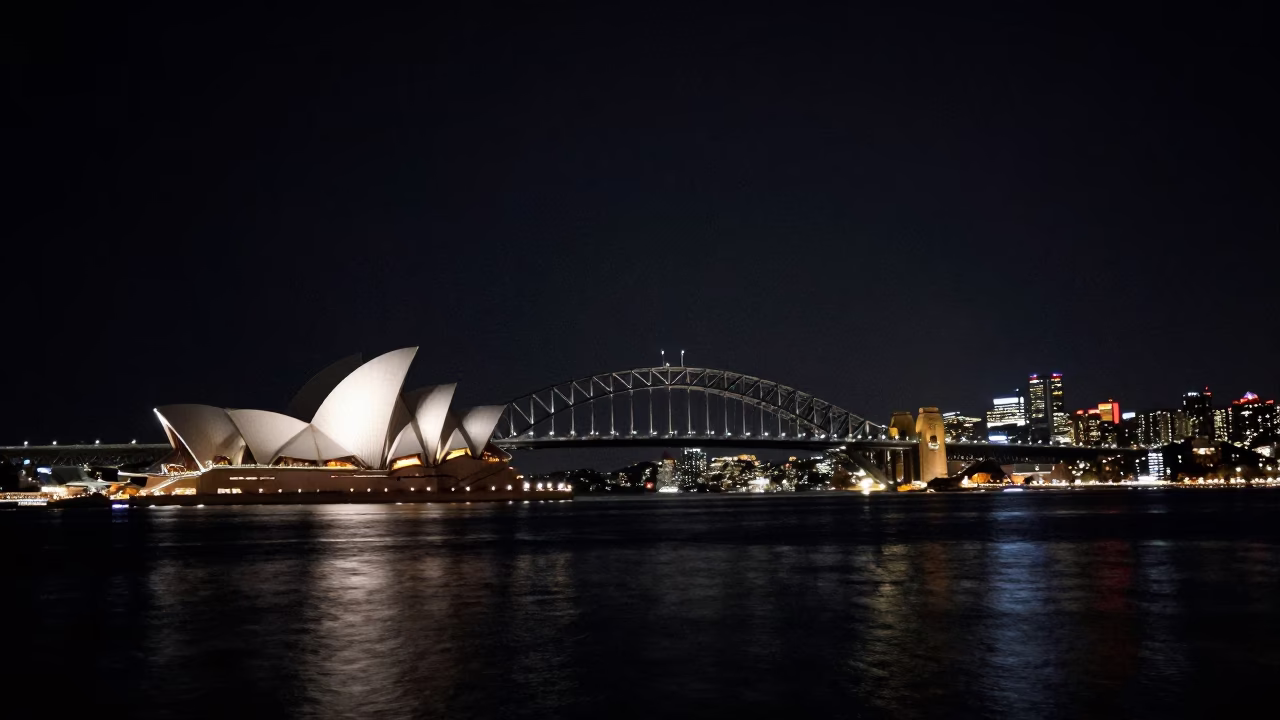 Sydney Harbour Night Skyline with Starlight Reflections on Dark Water Under Deep Night in in Sydney, New South Wales, Australia