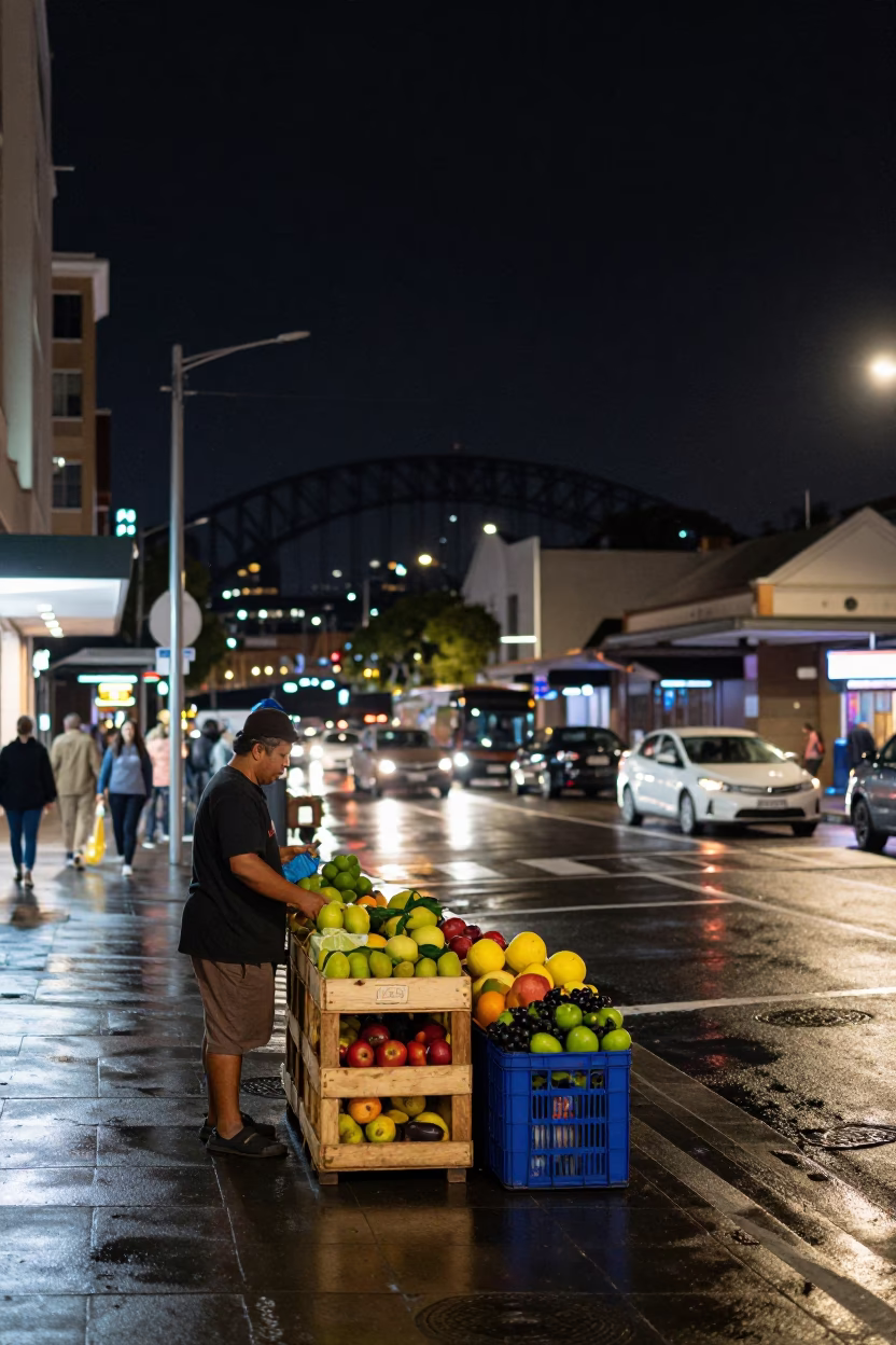 Sydney Harbour Night Street Scene with Fruit Crate and Steam Locomotive Prop in in Sydney, New South Wales, Australia
