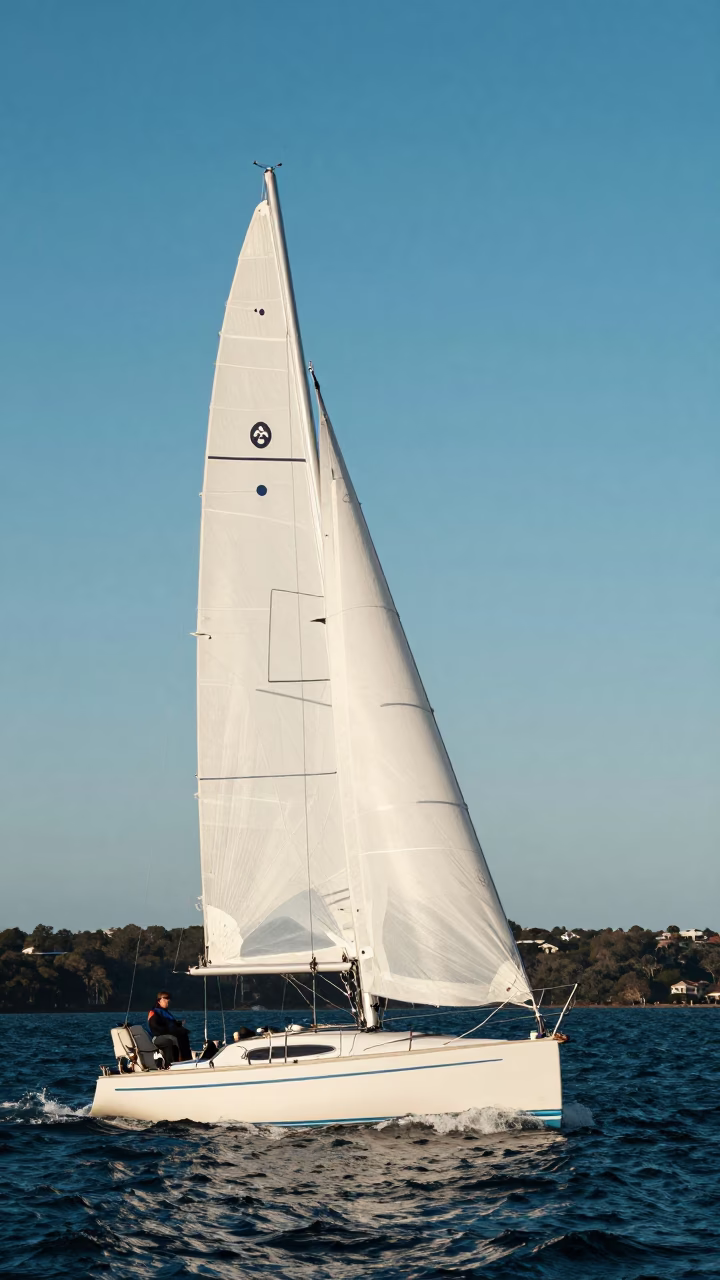 Sydney Harbour Sailboat Heeling in Strong Wind Early Afternoon Realistic Photograph in in Sydney, New South Wales, Australia