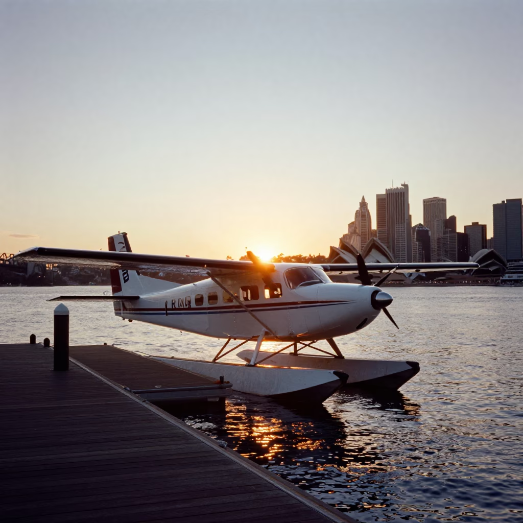 Sydney Harbour Seaplane Docked at Sunset with Urban Skyline and Golden Hour Light in in Sydney, New South Wales, Australia