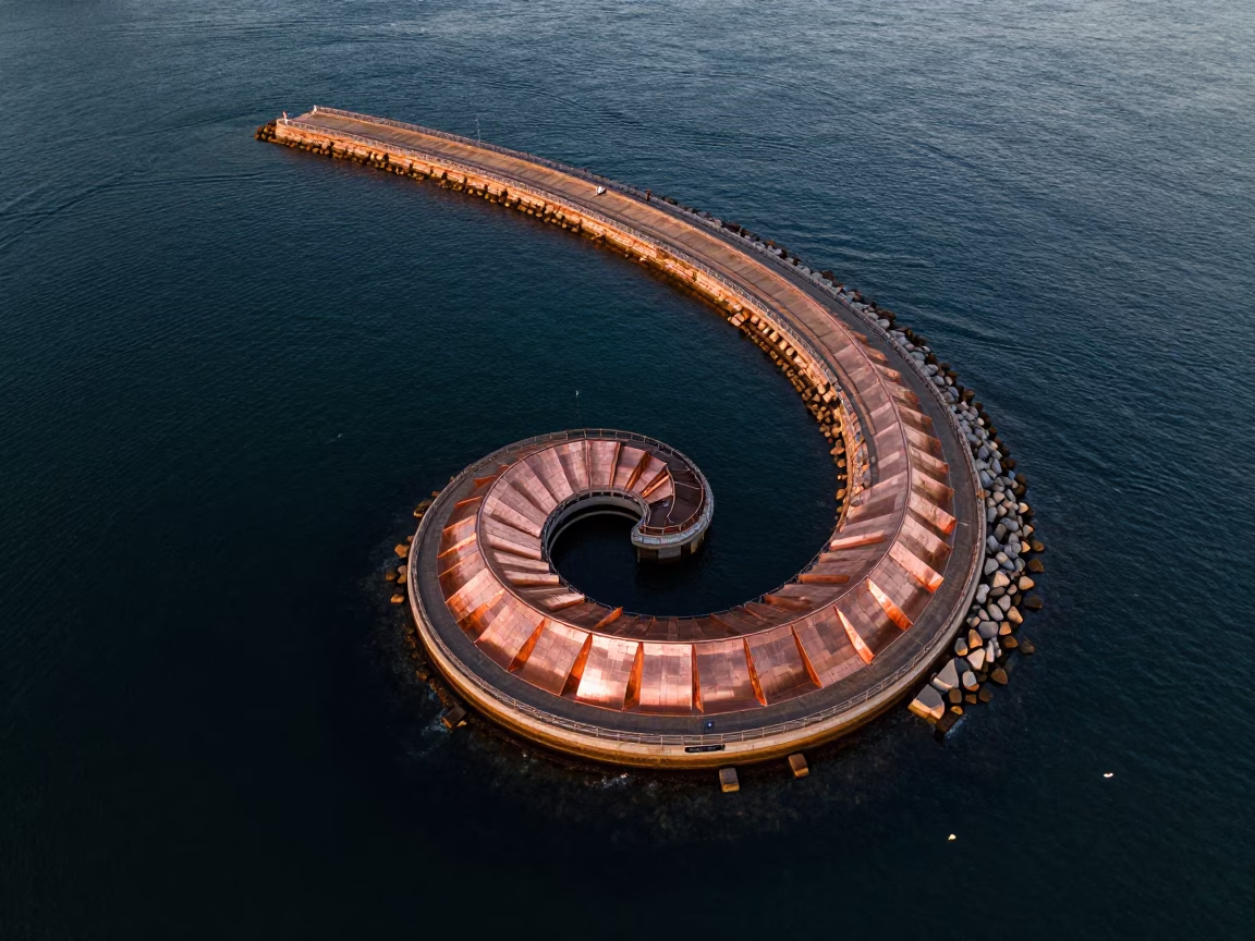 Sydney Harbour Spiral Breakwater Bird's Eye View in Copper Toned Light Before Dusk in in Sydney, New South Wales, Australia