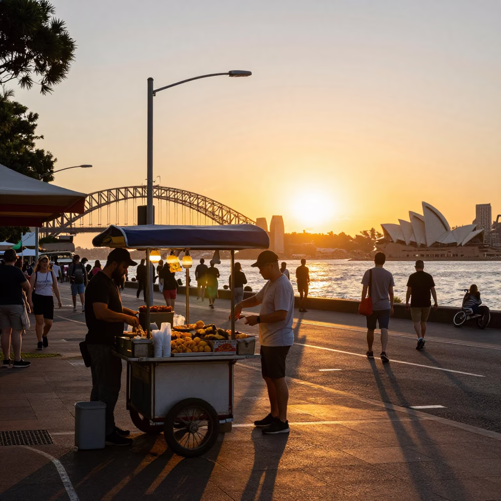 Sydney Harbour Sunset Evening Street Food Scene with Traditional Dishes in in Sydney, New South Wales, Australia