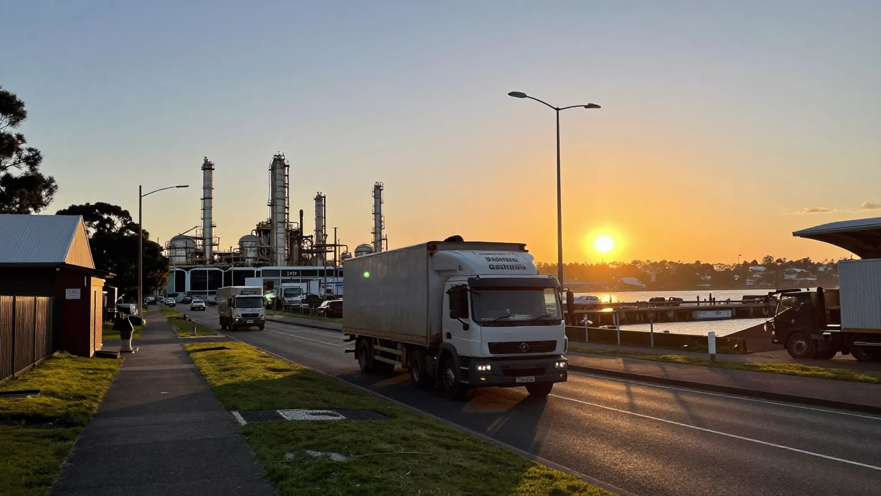 Sydney Harbour Sunset Overloaded Truck and Pearl Diver Refinery Dock Candid Moment in in Sydney, New South Wales, Australia