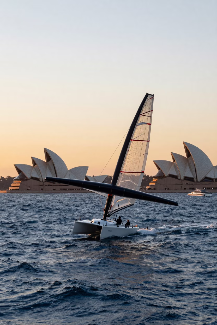 Sydney Harbour Sunset Sailboat Wing-on-Wing Sailing Near Opera House in in Sydney, New South Wales, Australia