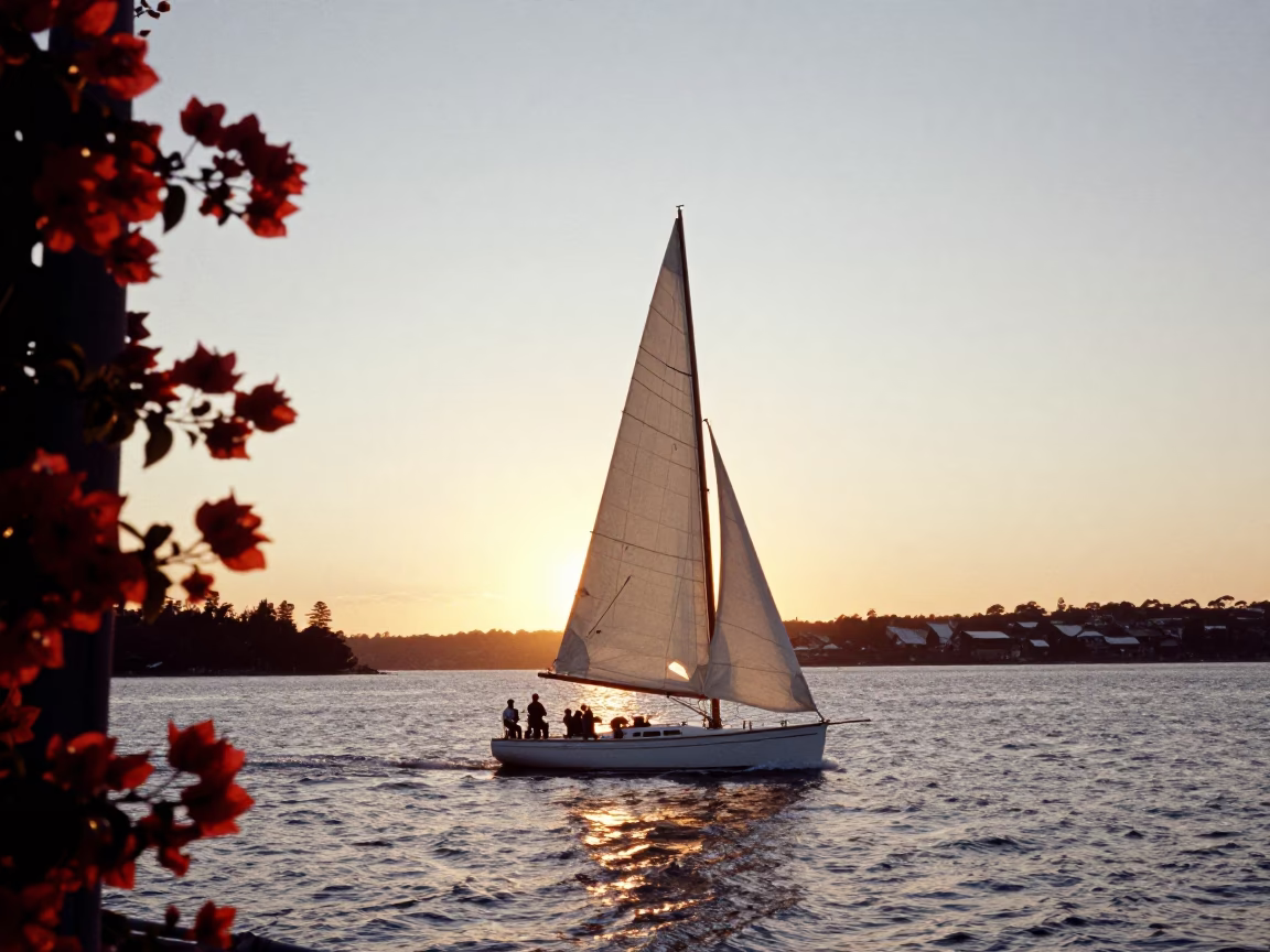 Sydney Harbour Sunset Sailboat with Spinnaker and Bougainvillea in in Sydney, New South Wales, Australia