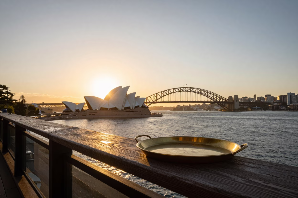 Sydney Harbour Sunset View from Balcony with Brass Tray and Vintage Plate in in Sydney, New South Wales, Australia