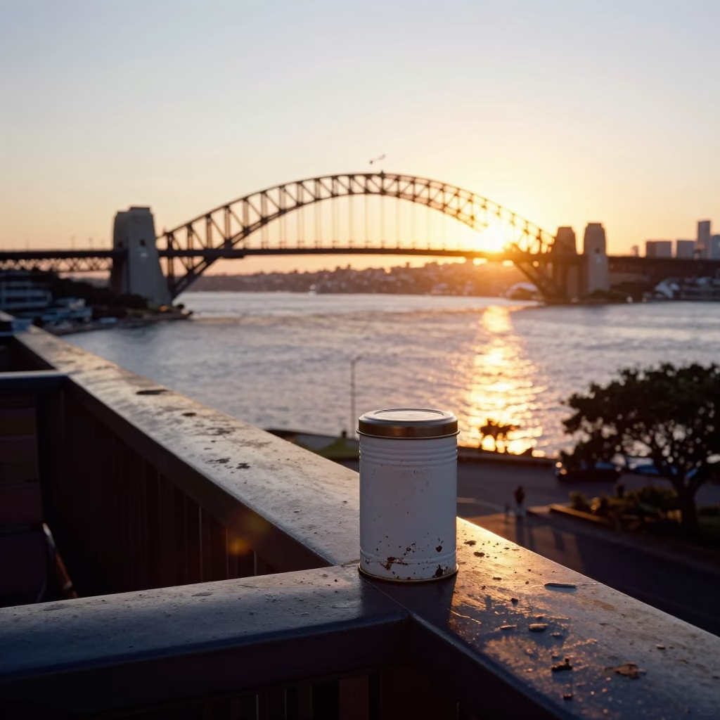 Sydney Harbour Sunset View from Balcony with Coffee Tin and Rusty Latch in in Sydney, New South Wales, Australia