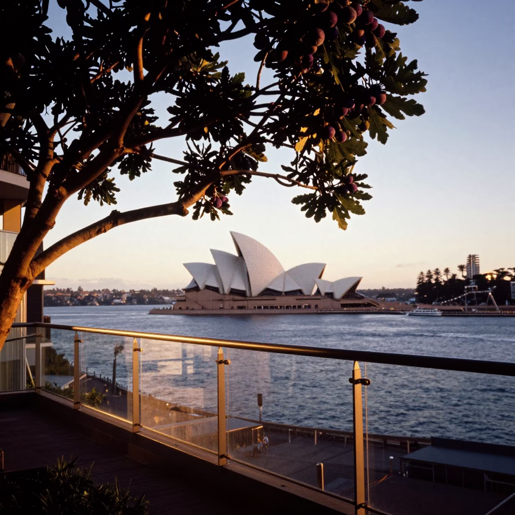 Sydney Harbour sunset view from balcony with fig tree fruit and vintage radio in in Sydney, New South Wales, Australia