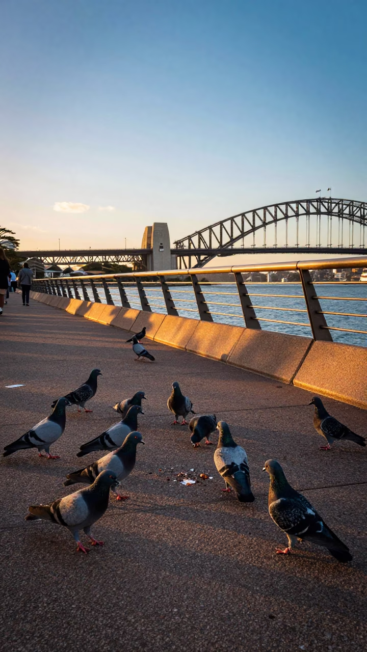 Sydney Harbour Sunset View from Circular Quay with Pigeons and Steel Railing in in Sydney, New South Wales, Australia