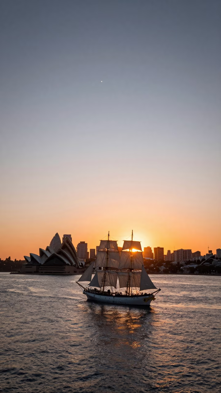 Sydney Harbour sunset with tall ship and water droplets on broad leaves in in Sydney, New South Wales, Australia