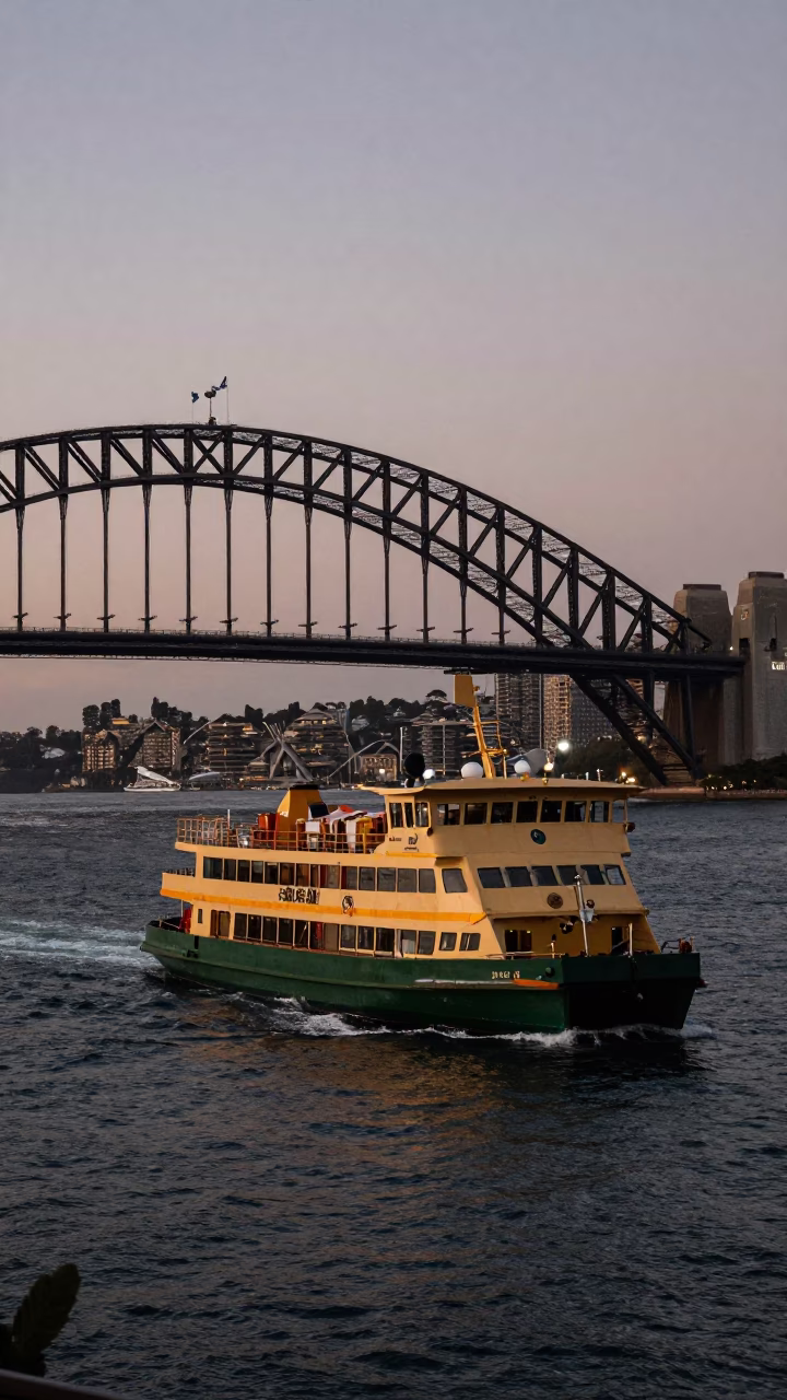 Sydney Harbour Twilight Ferry Crossing with Harbour Bridge and City Skyline Reflections in in Sydney, New South Wales, Australia