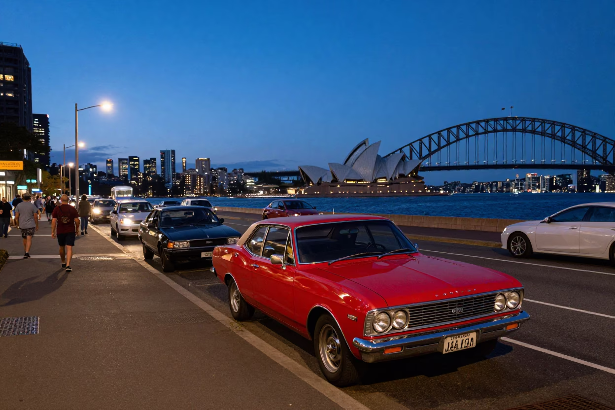 Sydney Harbour Twilight Street Scene with Classic Cars and Neon Reflections in in Sydney, New South Wales, Australia