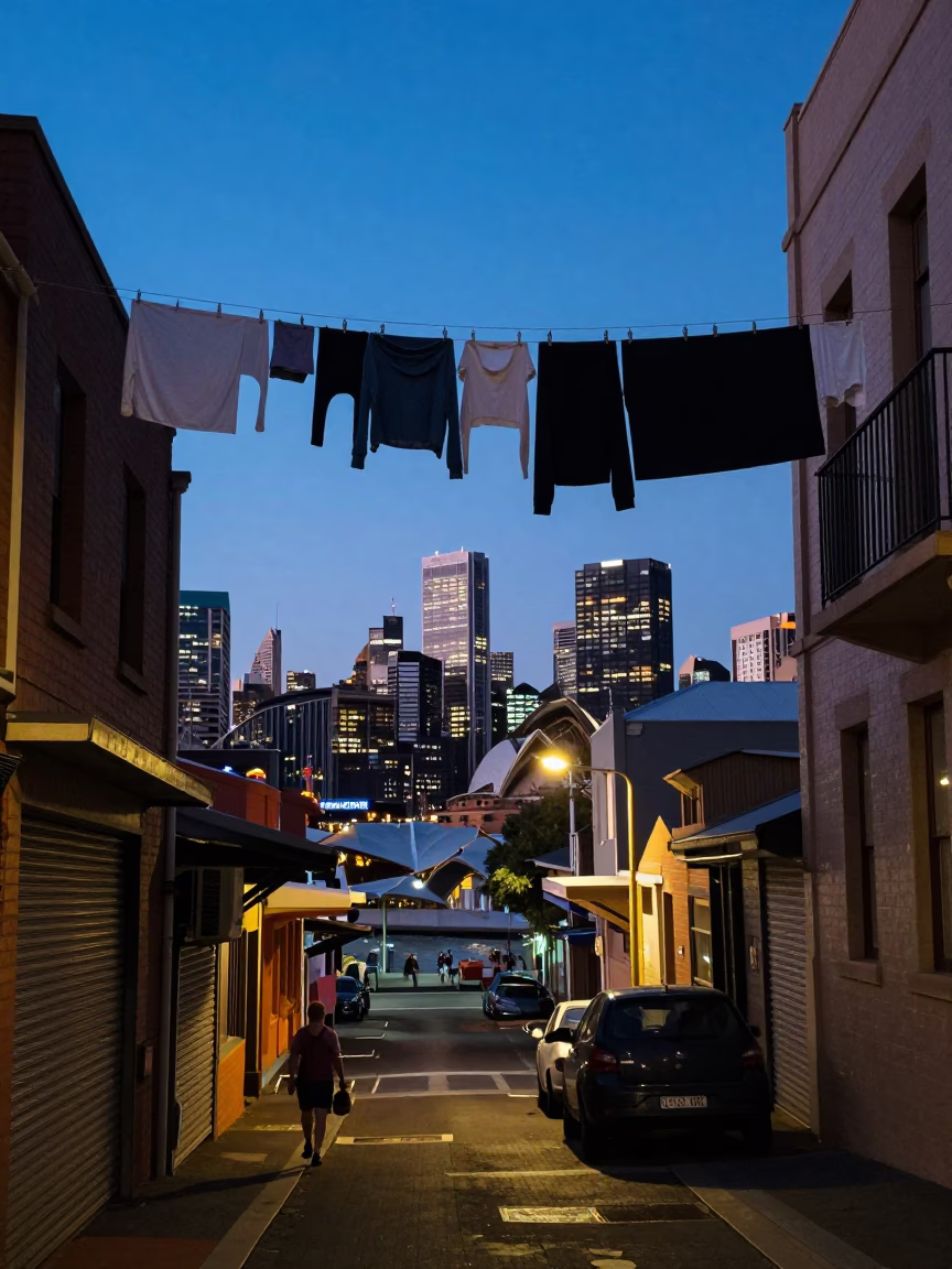 Sydney Harbour Twilight Street Scene with Hanging Laundry and Kettle in in Sydney, New South Wales, Australia