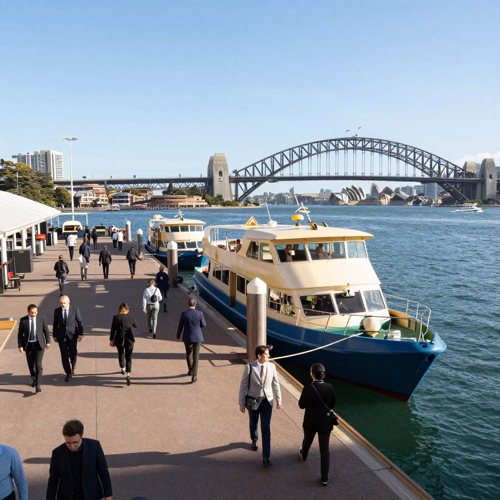 Sydney Harbour Water Taxi Dock Midmorning Light with Commuters and Floating Infrastructure in in Sydney, New South Wales, Australia