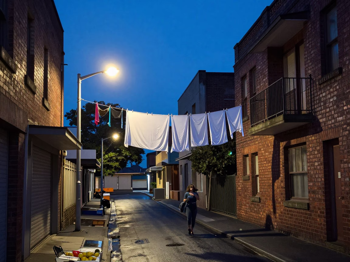 Sydney Indigo Twilight Street Scene with Laundry and Fruit Crate in in Sydney, New South Wales, Australia