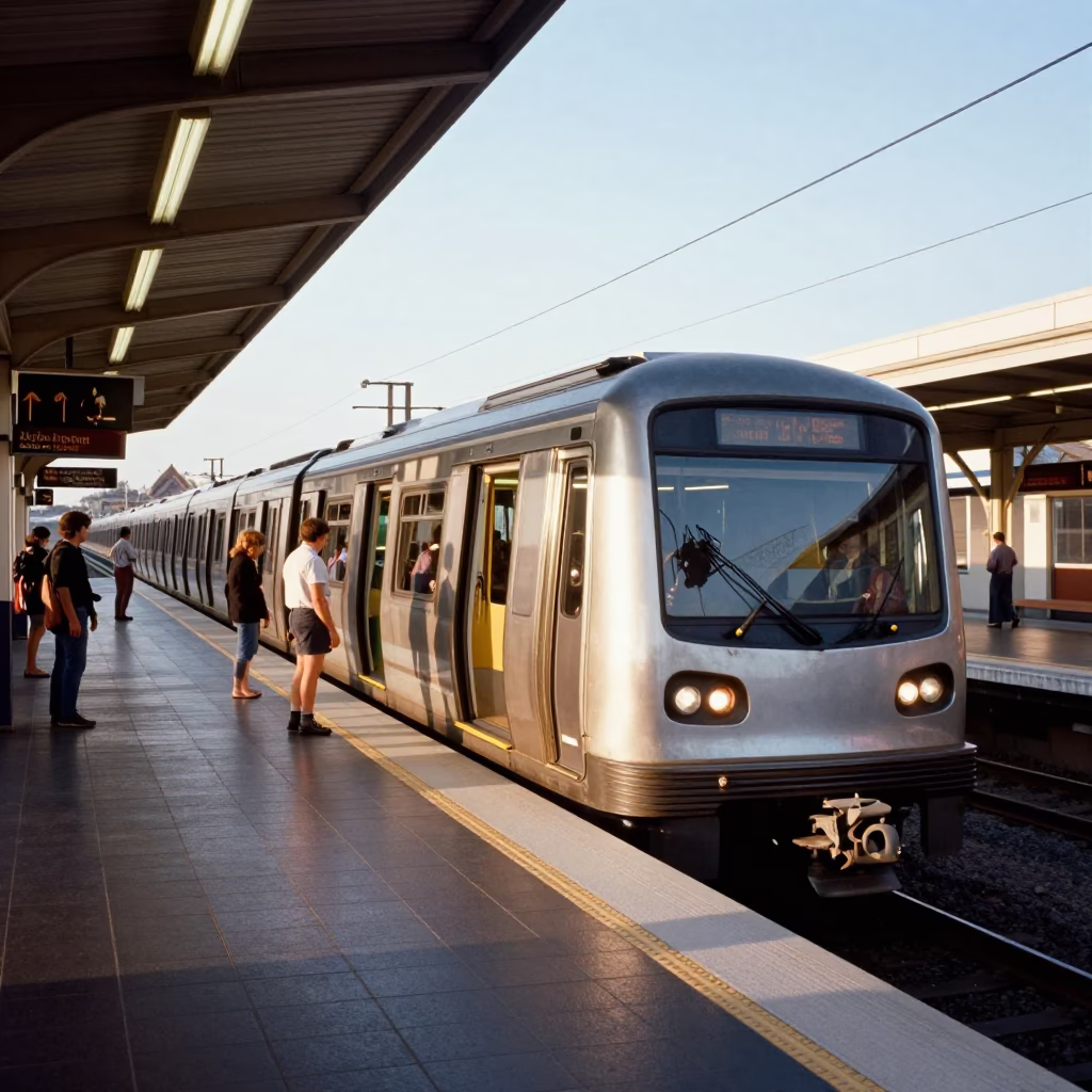 Sydney Metro Train Arriving at Art-Adorned Station in Late Afternoon Light in in Sydney, New South Wales, Australia