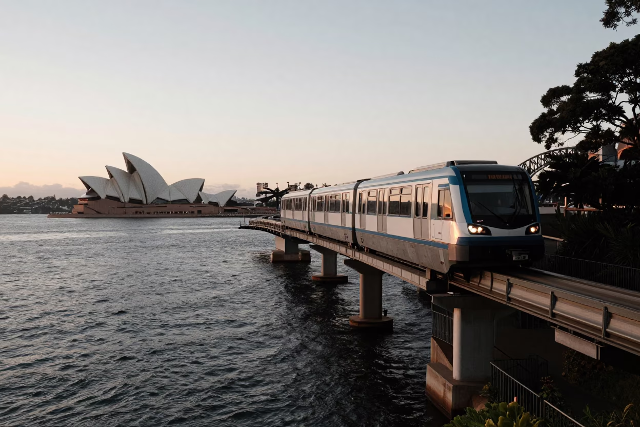Sydney Monorail Sweeping Over River at Early Evening Blue Hour in in Sydney, New South Wales, Australia