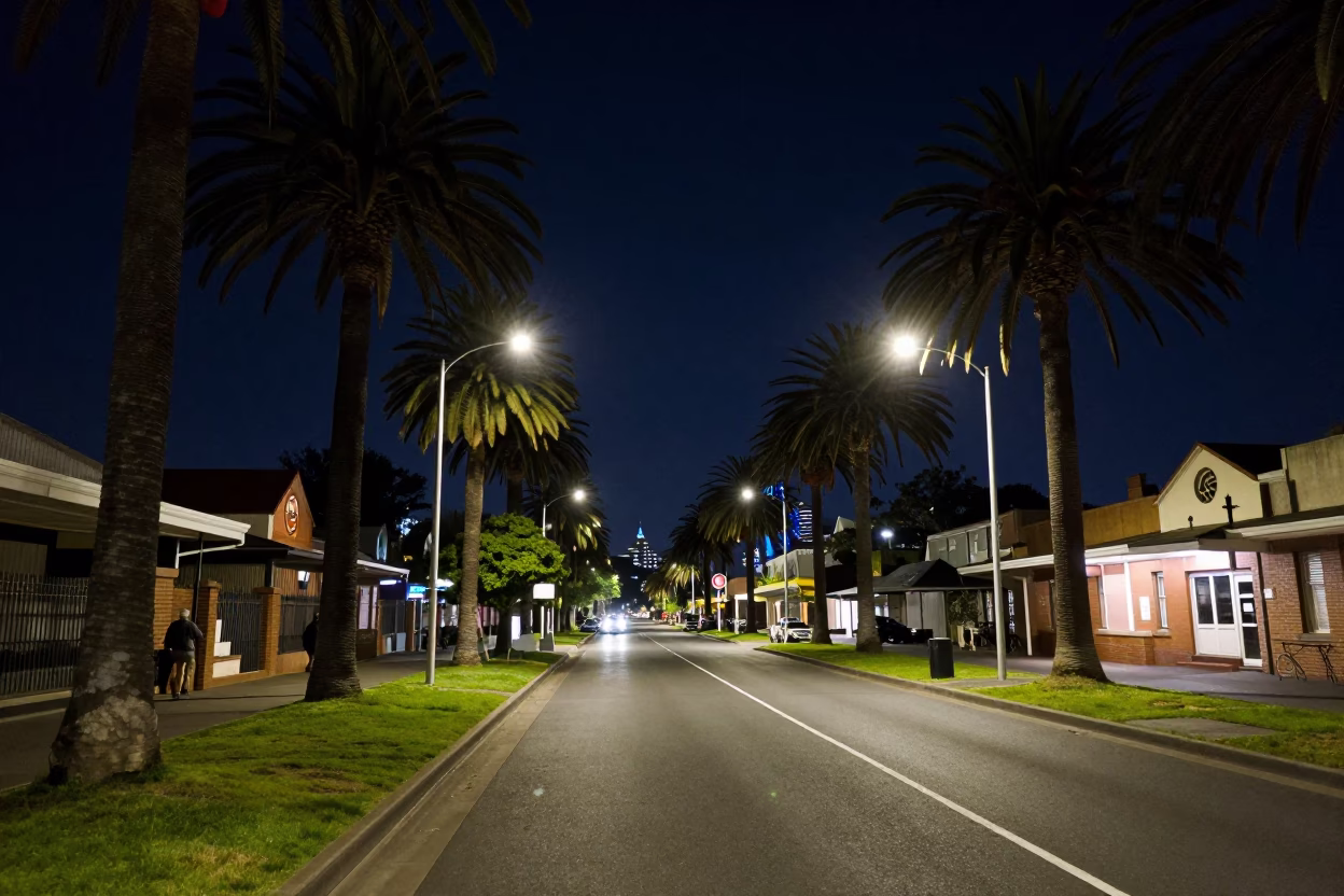Sydney Night Street Scene with Palm Tree Avenue and Construction Activity in in Sydney, New South Wales, Australia