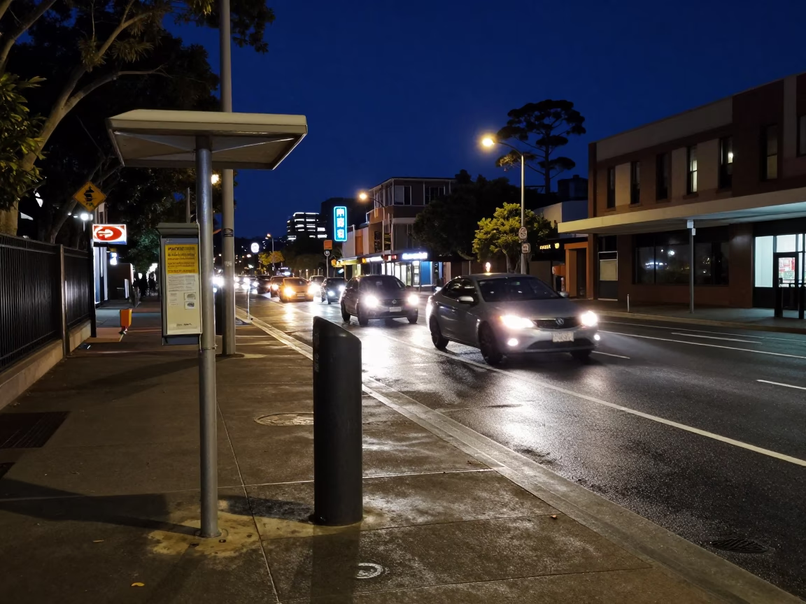 Sydney Night Street Scene with Valet Stand and Headlight Streaks in in Sydney, New South Wales, Australia