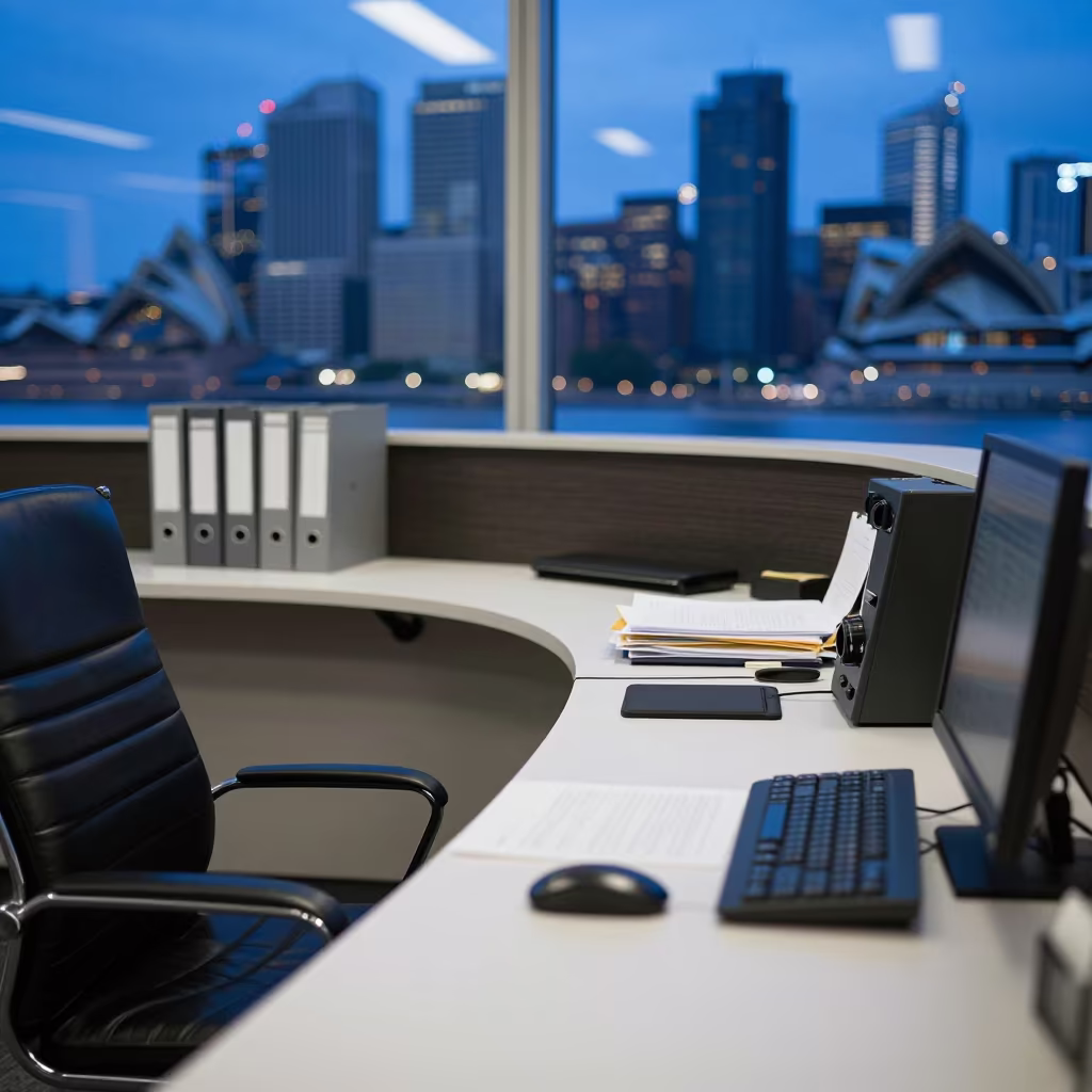 Sydney Office Desk Blue Hour Twilight in at an office reception desk in Sydney