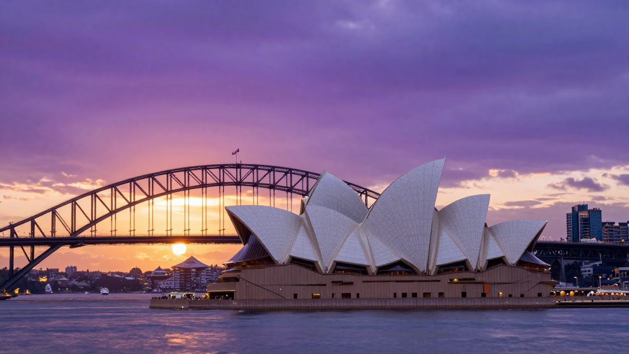 Sydney Opera House and Harbour Bridge Sunset View from Circular Quay with Ferries in in Sydney, New South Wales, Australia
