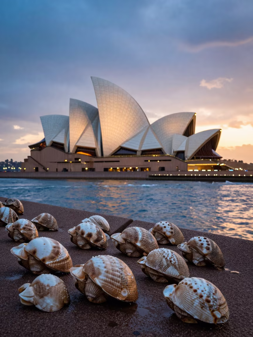 Sydney Opera House Shells in Drizzle at Sunset in near Redfern, Sydney