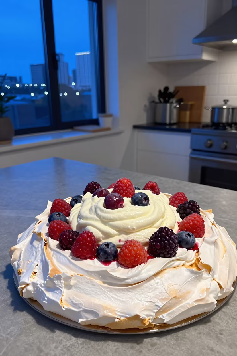 Sydney Pavlova with Berries at Blue Hour in on a kitchen worktop in Sydney