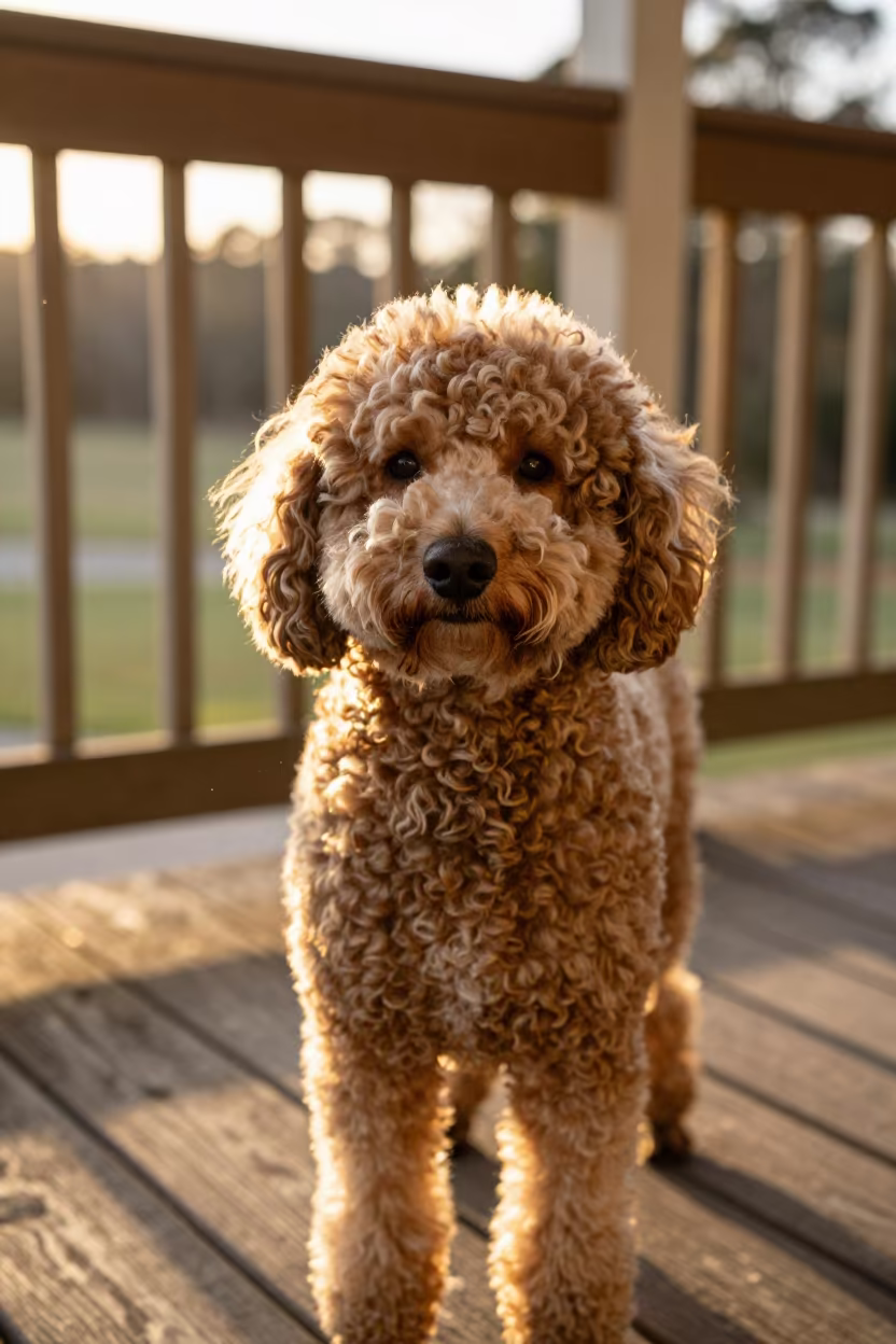 Sydney Poodle Portrait on Shaded Porch in on a shaded front porch with boards, railings, and eye-level framing in Sydney