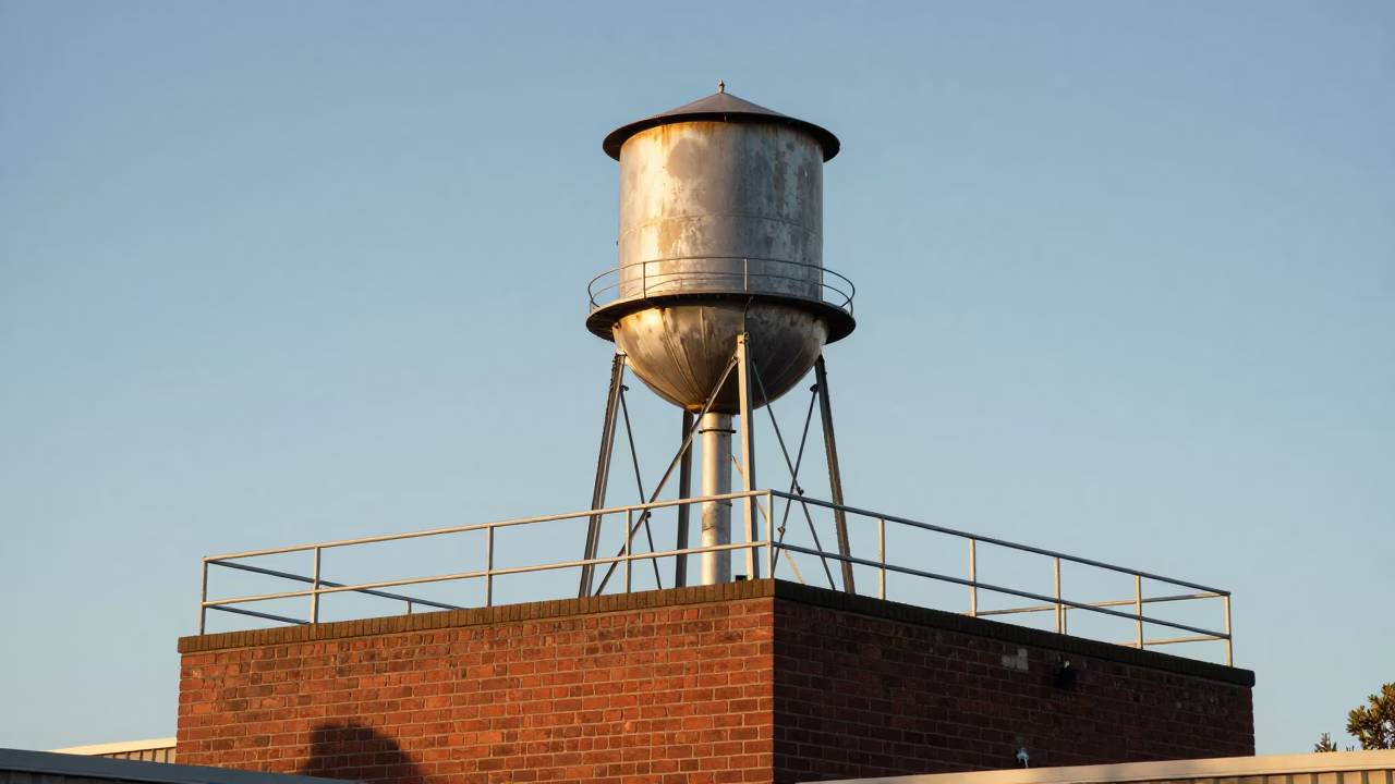 Sydney Rooftop Water Tower in Late Afternoon Light with Wicker Shadow on Brick Wall in in Sydney, New South Wales, Australia