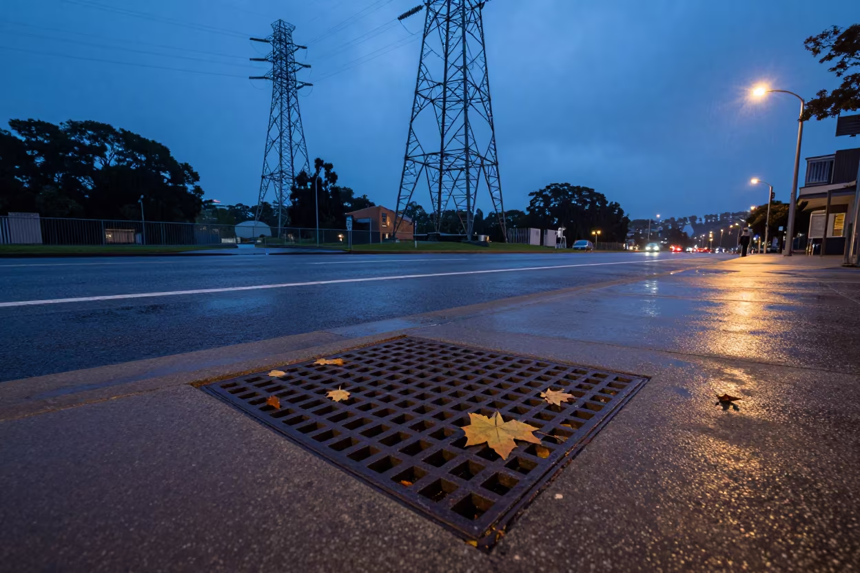 Sydney Storm Drain Swallowing Maple Leaves in beneath transmission towers near Sydney