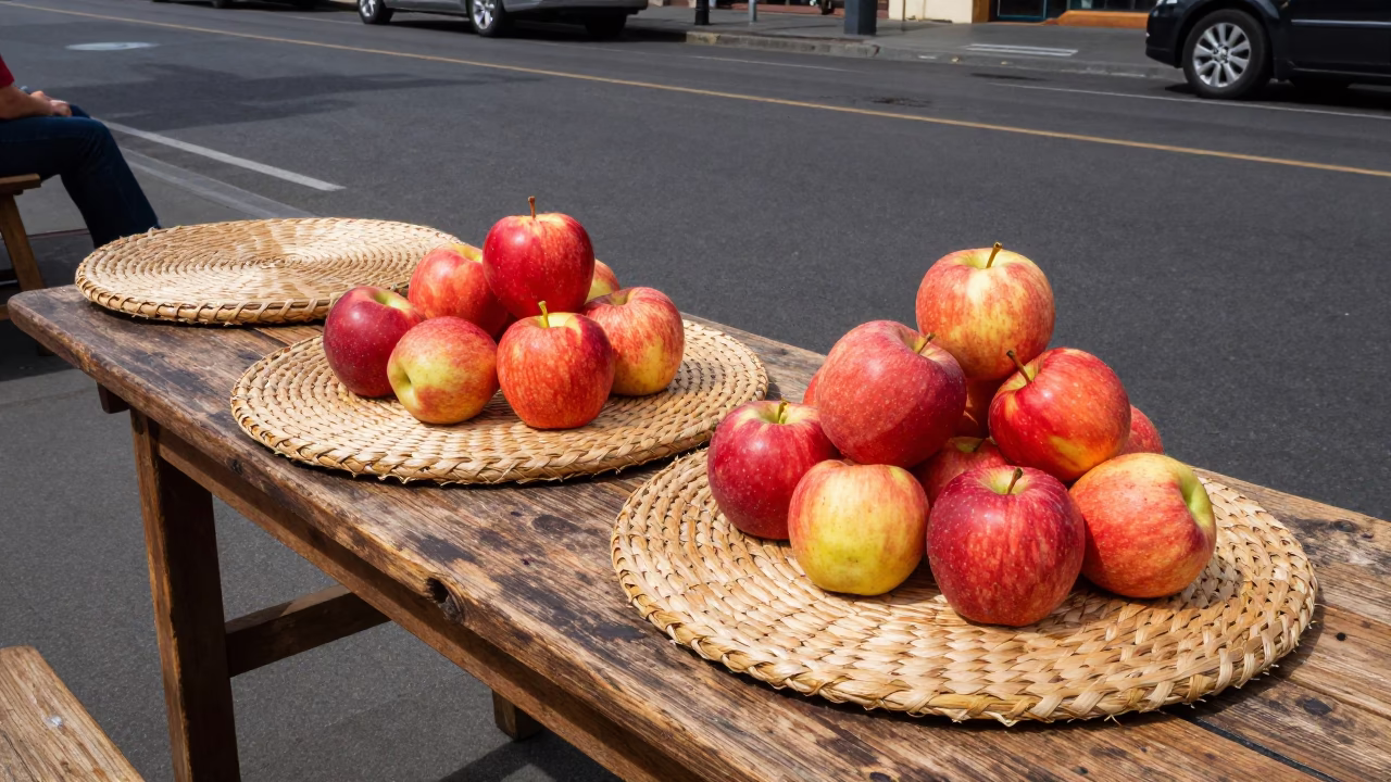 Sydney Street Cafe Scene with Woven Mats and Apples in 1970s in in Sydney, New South Wales, Australia