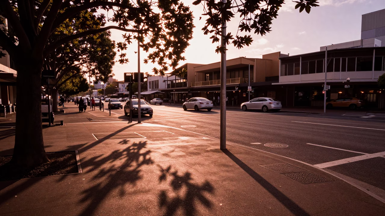 Sydney Street Corner Before Dusk with Leaf Shadows and Local Interaction in in Sydney, New South Wales, Australia