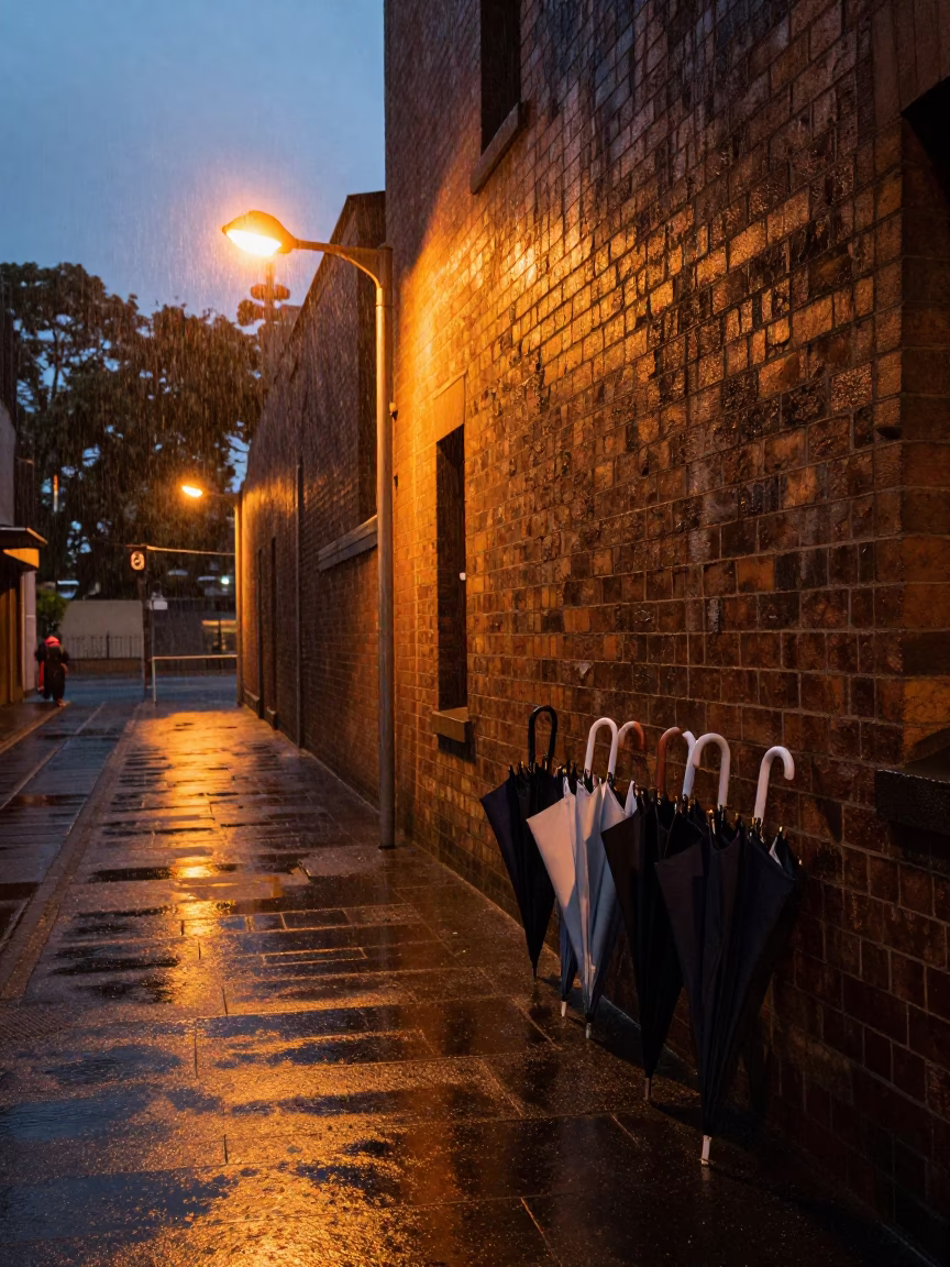 Sydney Street Scene at Dusk Under Light Rain With Hanging Umbrellas in in Sydney, New South Wales, Australia