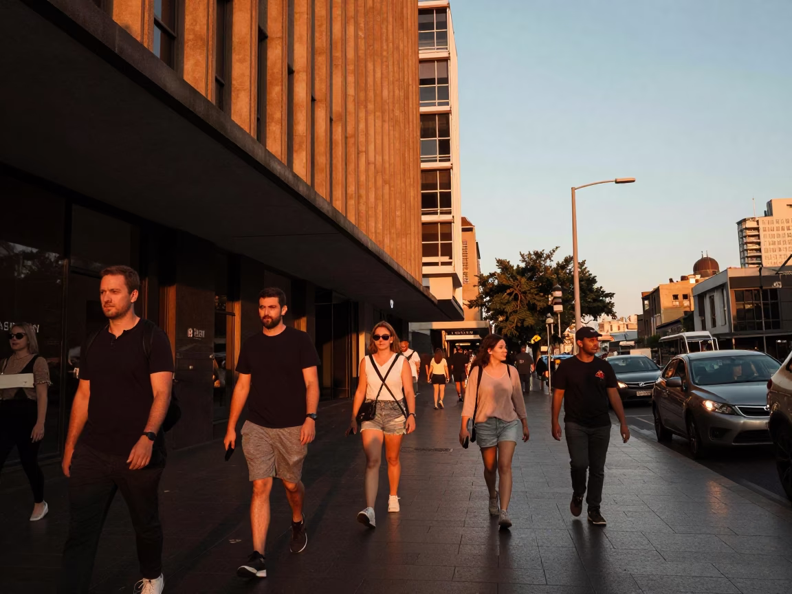 Sydney Street Scene with Brutalist Architecture and Evening Light in in Sydney, New South Wales, Australia