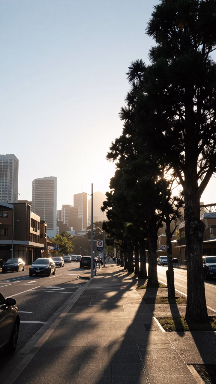 Sydney street scene with cypress trees and morning light near Harbour Bridge in in Sydney, New South Wales, Australia