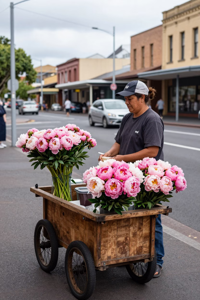 Sydney Street Vendor Selling Fresh Peonies Under Overcast Midday Sky in in Sydney, New South Wales, Australia