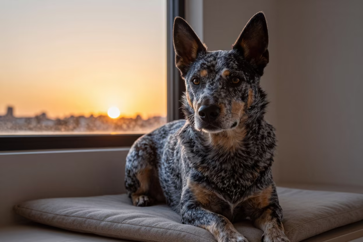 Sydney Stumpy Tail Cattle Dog Sunset Portrait in on a cushioned window seat with soft side light and an uncluttered background in Sydney