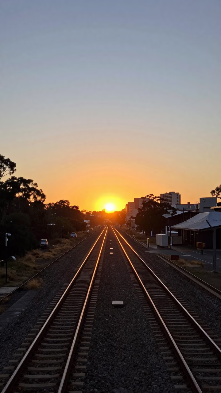 Sydney Sunset Horizon Light Striking Railway Tracks and Urban Waterfront in in Sydney, New South Wales, Australia