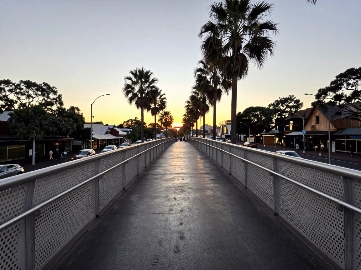 Sydney Sunset Pedestrian Overpass View with Palm Trees and Steel Railings in in Sydney, New South Wales, Australia