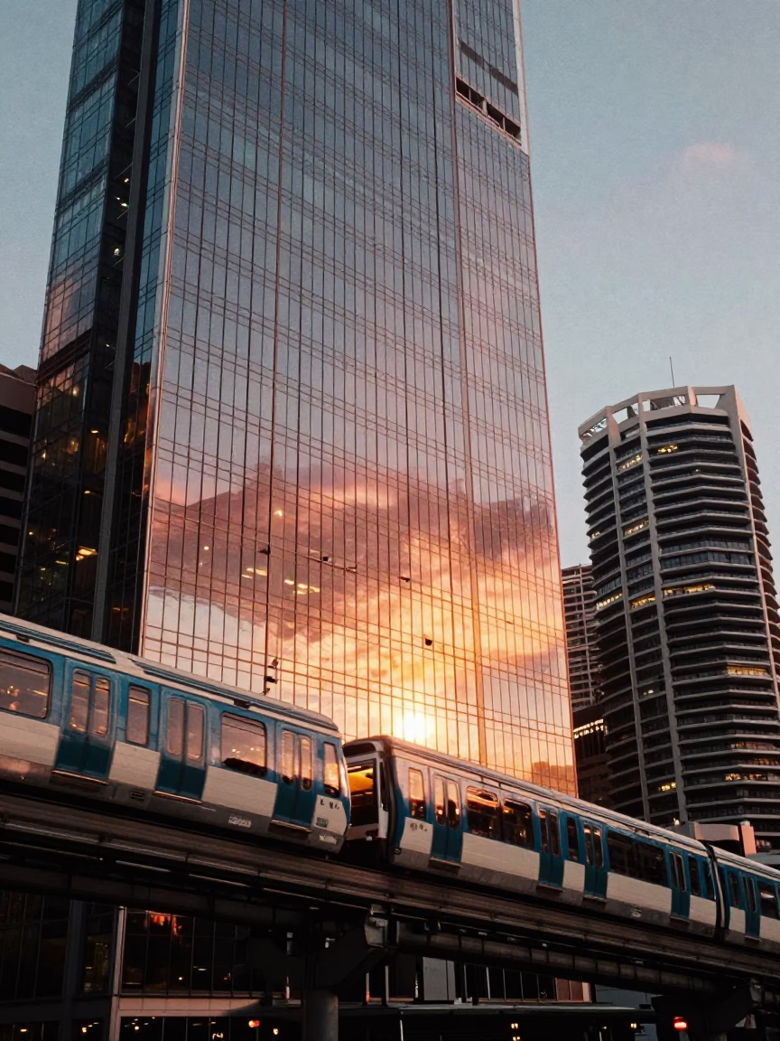 Sydney Sunset Reflection of Monorail in Glass Skyscraper Facade in in Sydney, New South Wales, Australia