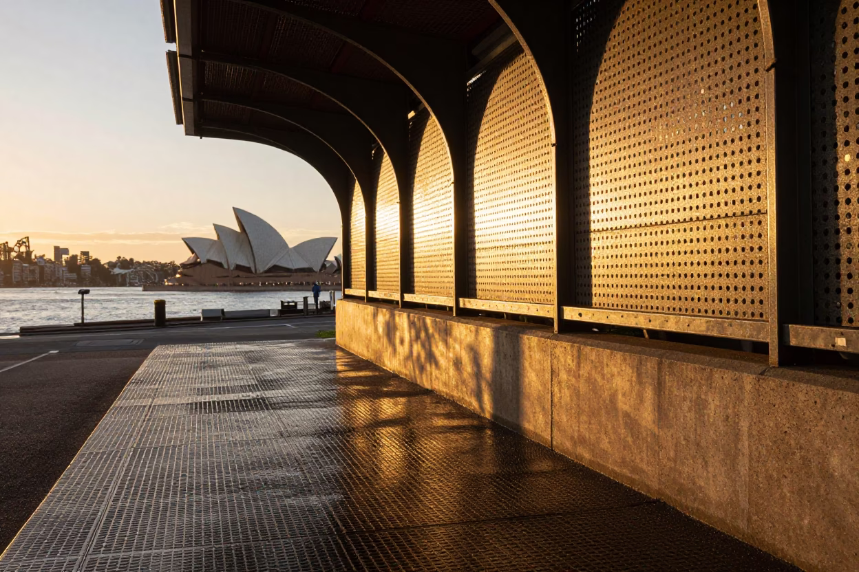 Sydney Sunset Street Scene with Wet Footsteps and Metal Overpass in in Sydney, New South Wales, Australia