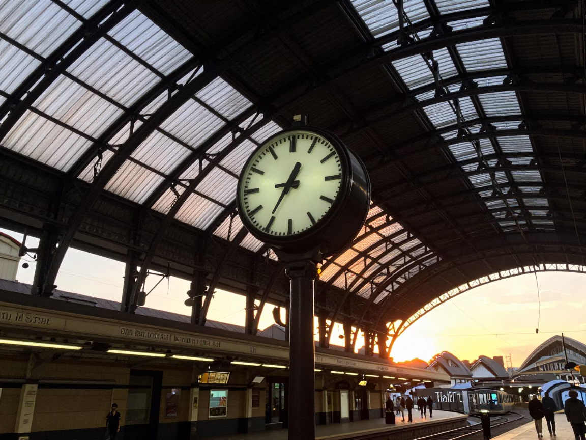 Sydney Train Station Clock Under Vaulted Iron Roof as Sun Sets in in Sydney, New South Wales, Australia