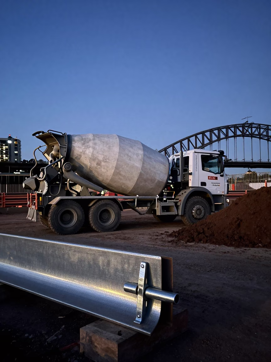 Sydney Twilight Construction Site with Cement Mixer and Steel Latch in in Sydney, New South Wales, Australia