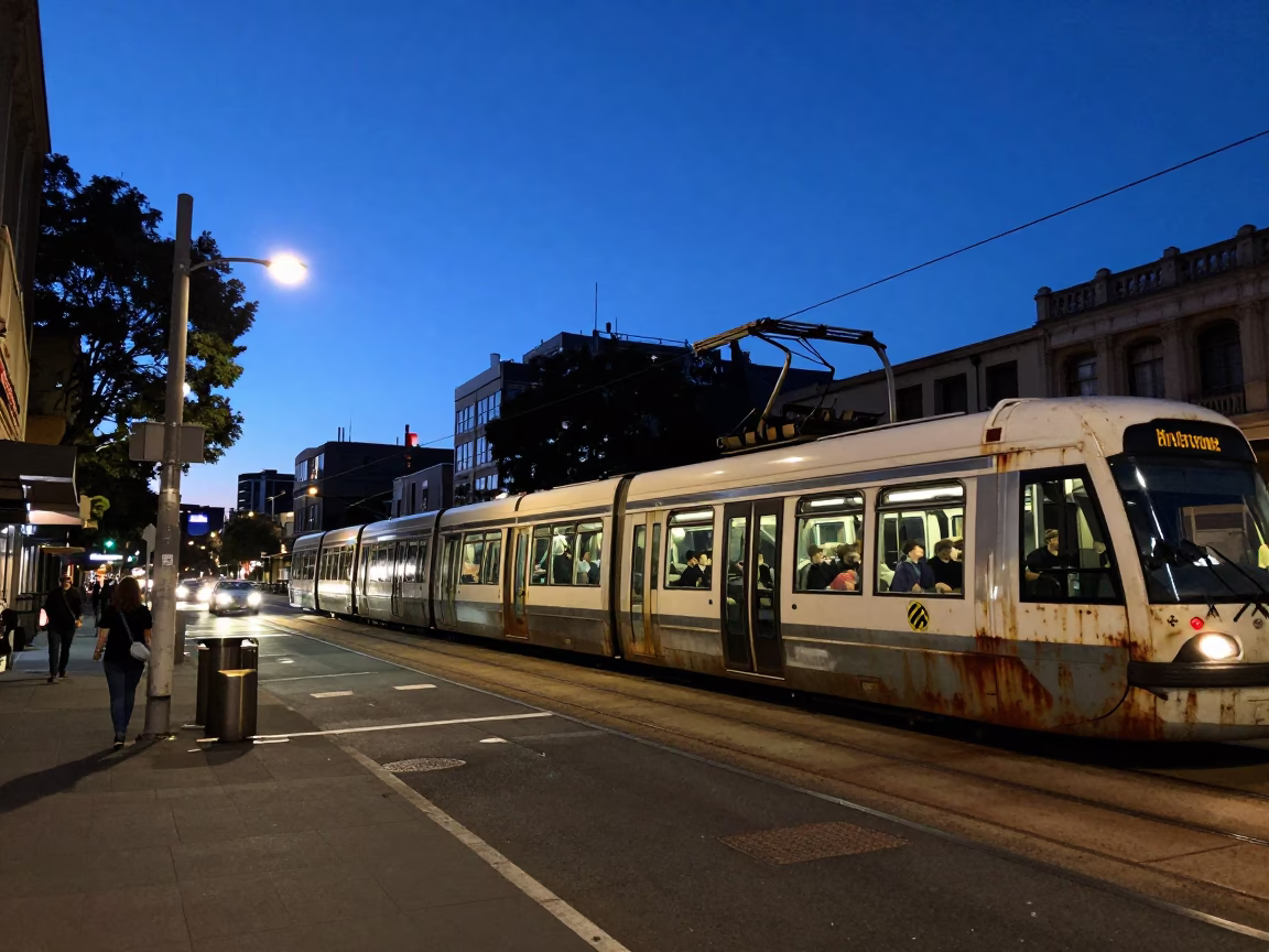 Sydney Twilight Street Scene with Monorail and Rusty Urban Details in in Sydney, New South Wales, Australia