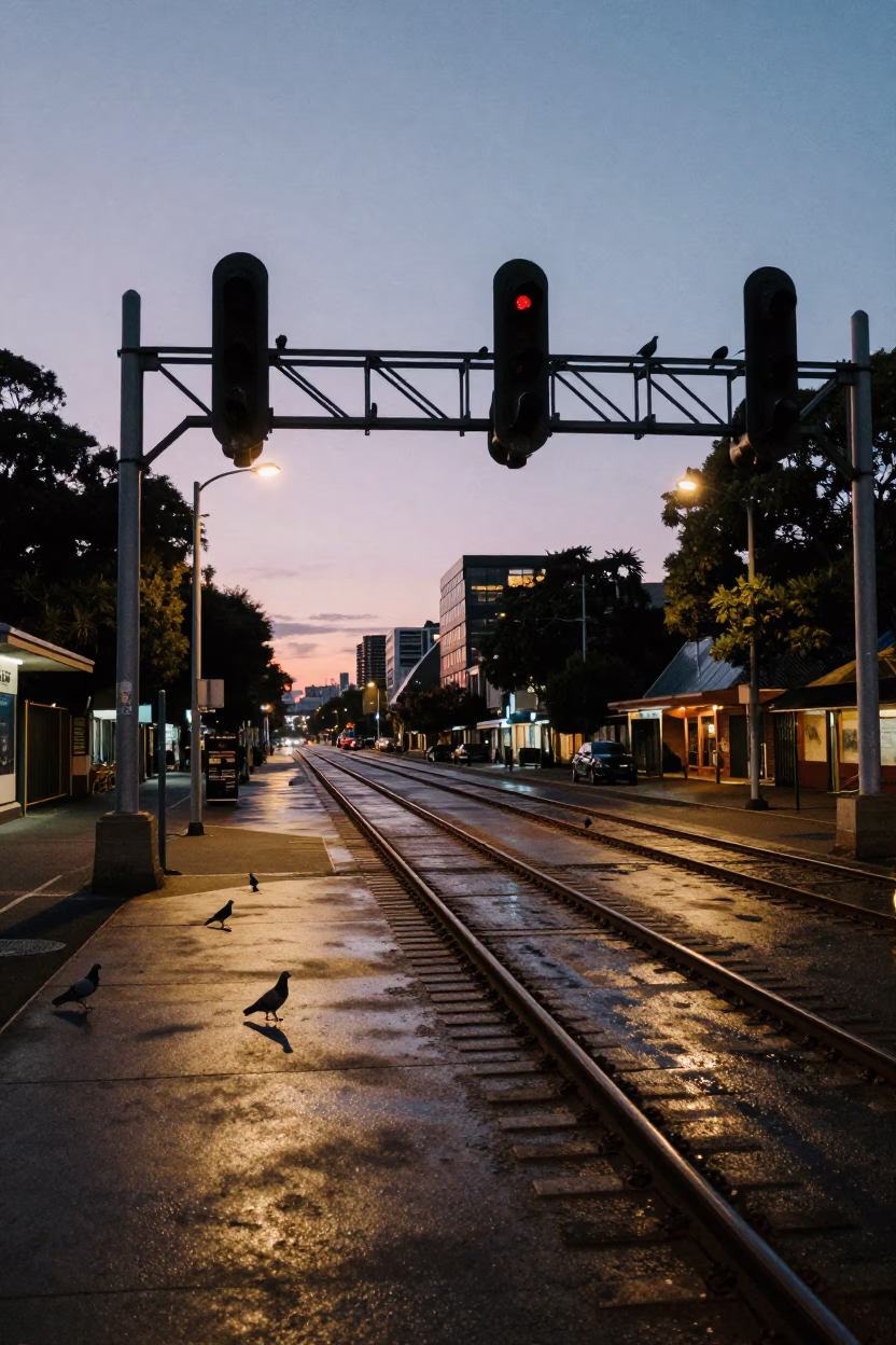 Sydney Twilight Street Scene with Signal Gantry and Pigeons in in Sydney, New South Wales, Australia